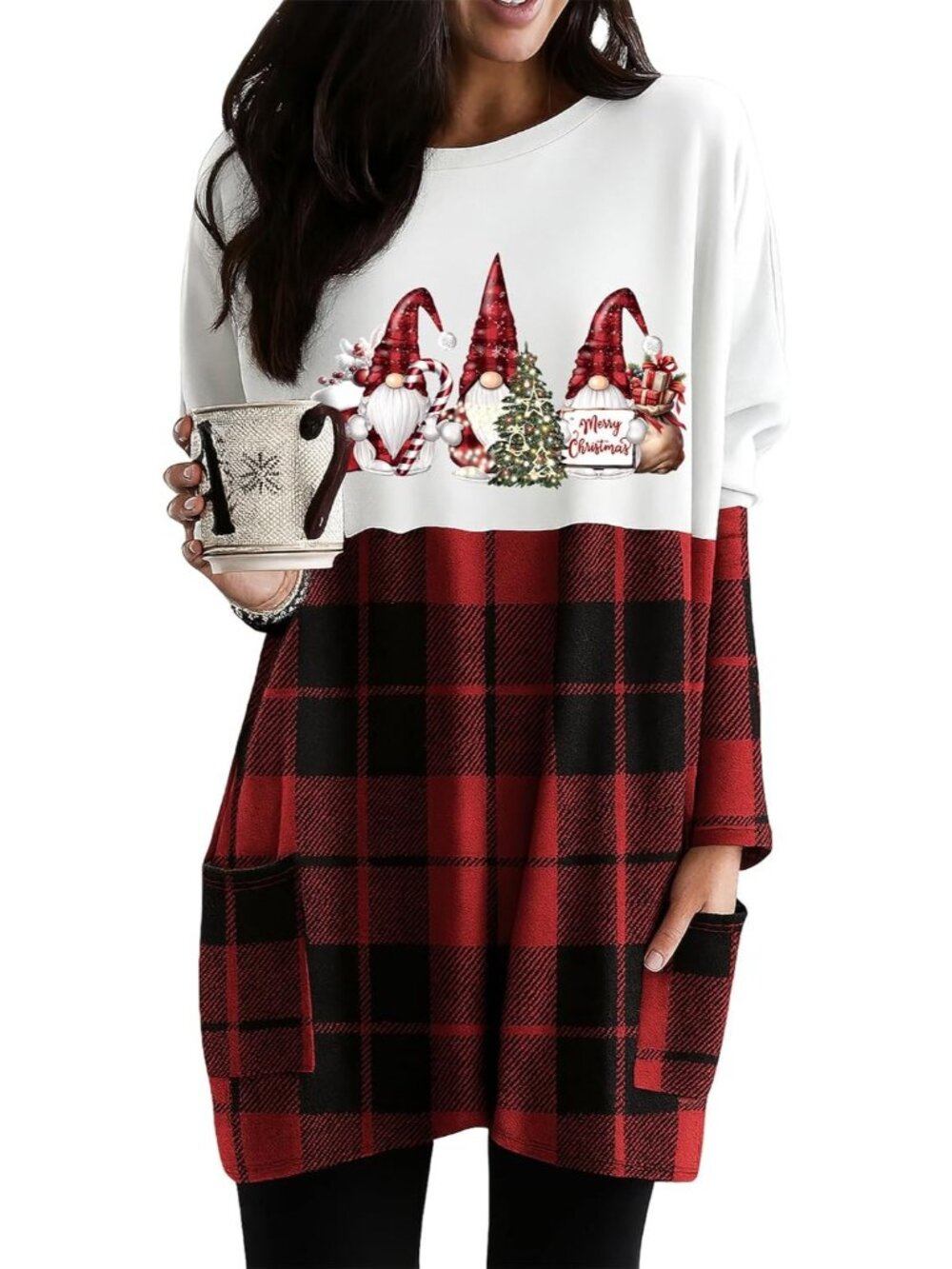 🎄Women's Christmas Gnome Long Sleeve Casual Plaid Sweatshirt With Pockets Dress
